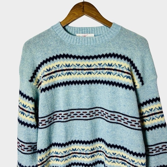 Vintage Jantzen Cabin Core Nordic Knit Sweater Blue Fair Isle Stripe Medium - Picture 3 of 9